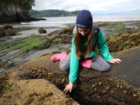 A young girl sits on a rock to view a tidepool that is protected between two large boulders with the coastline in the background