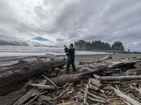 A tour participant stands on a pile of beach logs and takes a photo of the Pacific Ocean as well as the skyline