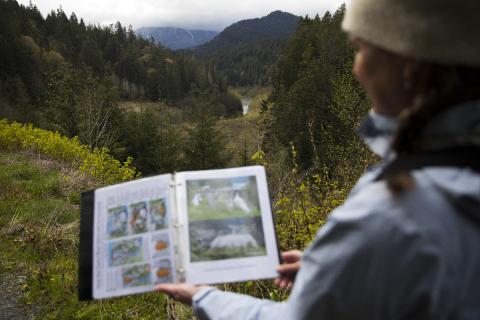 Wildlife Guide Carolyn shows a picture of the former Elwha River Dam with the actual dam site in distance
