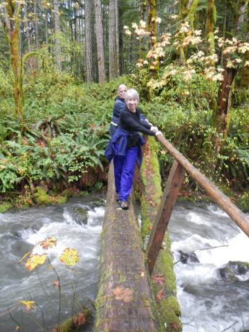 Two hikers cross an Elwha River tributary on a log crossing with a handle on one side