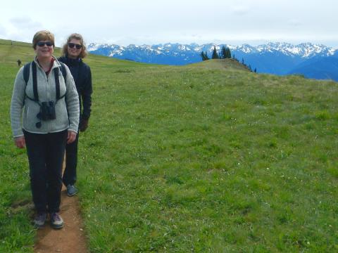Two hikers take a moment to pose on a narrow subalpine trail at Hurricane Ridge with the Olympic Mountains in the background