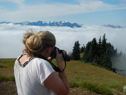 A tour participant takes a photograph of a mammal on the Hurricane Hill trail with the Olympic Mountains rising above the clouds in the background