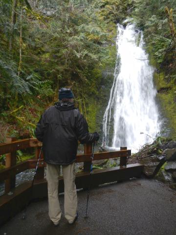 A participant is shown looking at Madison Falls at relatively high flow which is part of the Elwha River watershed