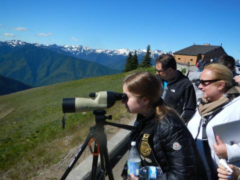 Tour participants looking out from the main parking lot with the Olympic Mountians and former Hurricane Ridge Day Lodge in the background
