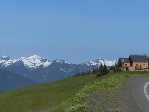 Photo of the Hurricane Ridge Day Lodge from the road with the snowcapped Olympic Mountains in the background and green meadow